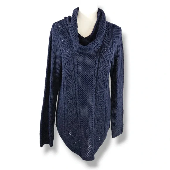 EUC Jeanne Pierre Cable Knit Cowl Neck Cotton Sweater Sz. M Dark Blue - Picture 2 of 9